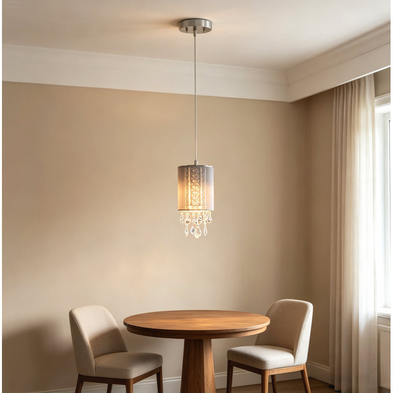 Suspension moderne en forme de tambour avec abat-jour en cristal de 16,5 cm et hauteur de suspension réglable, chromée et transparente