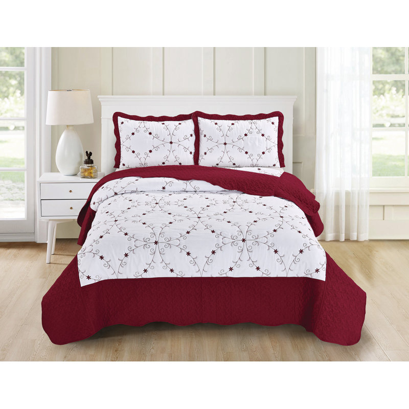 Ensemble de courtepointe réversible en microfibre Margene, Courtepointe simple + 1 taie décorative standard, Blanc / Rouge