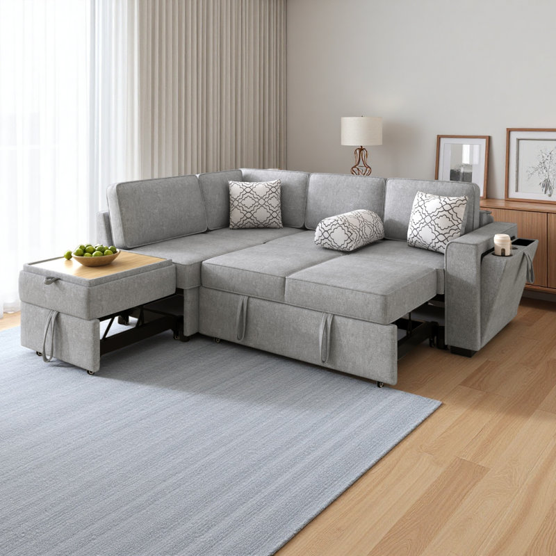 Canapé-lit modulaire convertible en L de L 83,9 po avec couchettes coulissantes doubles, table rabattable, ports USB, porte-gobelet et rangement pour le salon