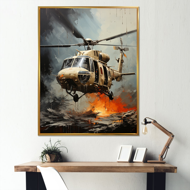 Abstrait héliporté militaire sur toile, Cadre flottant doré, 44" H x 34" W