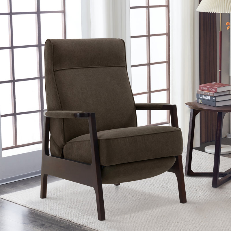Fauteuil inclinable Latitude avec accoudoirs en bois, revêtement en mélange de lin, Tissu brun