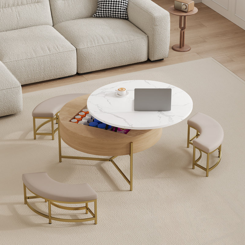 Table basse ronde à plateau relevable avec rangement et 3 repose-pieds, Doré