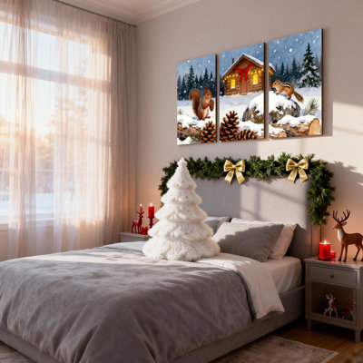 Christmas Winter Forest Squirrel Cabin Snow Pinecones Reflection Set of 3 Canvas Wall Art Prints