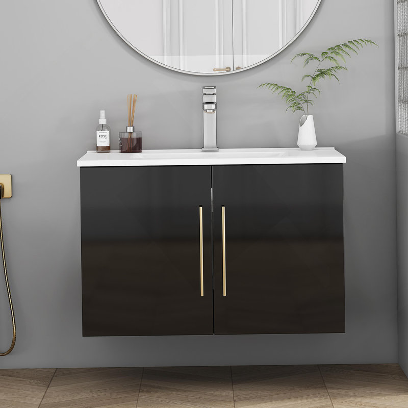 30-Inch Black Gloss Wall-Mounted Bathroom Vanity With Double Doors, Soft-Close Hangers,Long Gold Metal Handle,Easy Installation,Glossy Black