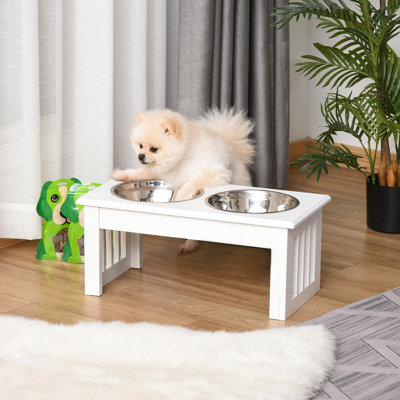 Support à bol surélevé pour chien, 6 po de hauteur, en acier inoxydable et en bois, blanc, base antidérapante, favorisant les bols à hauteur de vie pour animaux de compagnie avec un cadre en bois contemporain, facilitant le désordre et améliorant
