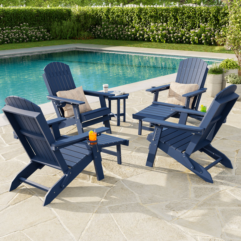 Folding Adirondack Chair with Retractable Ottoman & Cup Holder, 3-Position Adjustable for Patio, All-Weather Outdoor Seating