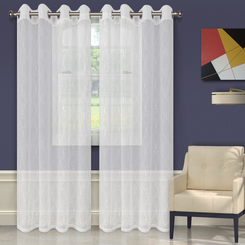 Steinbeck Geometric Embroidered Sheer Grommet Curtain Panels, 52" W x 96" L, White