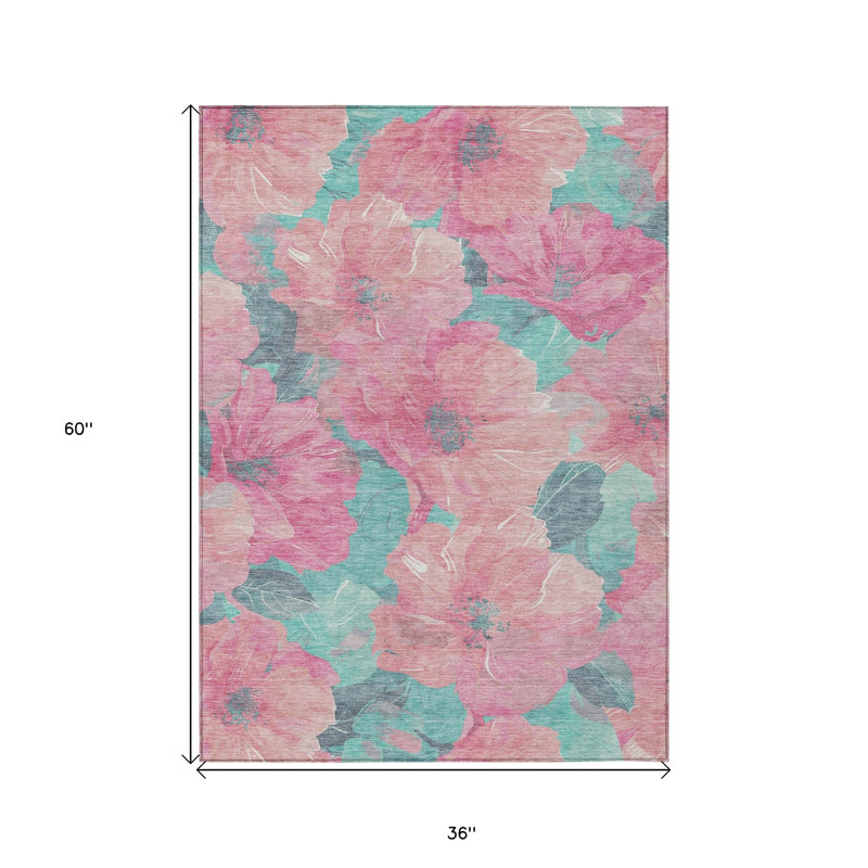 3' X 5' Pink And Mauve Floral Washable Indoor Outdoor Area Rug