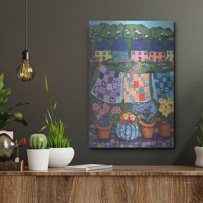 " Sheepish Hillsides With Cottages And Quilts " by Holly Wojhan, 16" H x 12" W