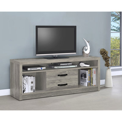 Meuble télé à 2 tiroirs en bois d'ingénierie avec une finition grise en bois flotté, double rangement pour espace de rangement, conception inspirée vieillie, utilisation durable, support polyvalent à profondeur de produit de 59 pouces, capture de bois
