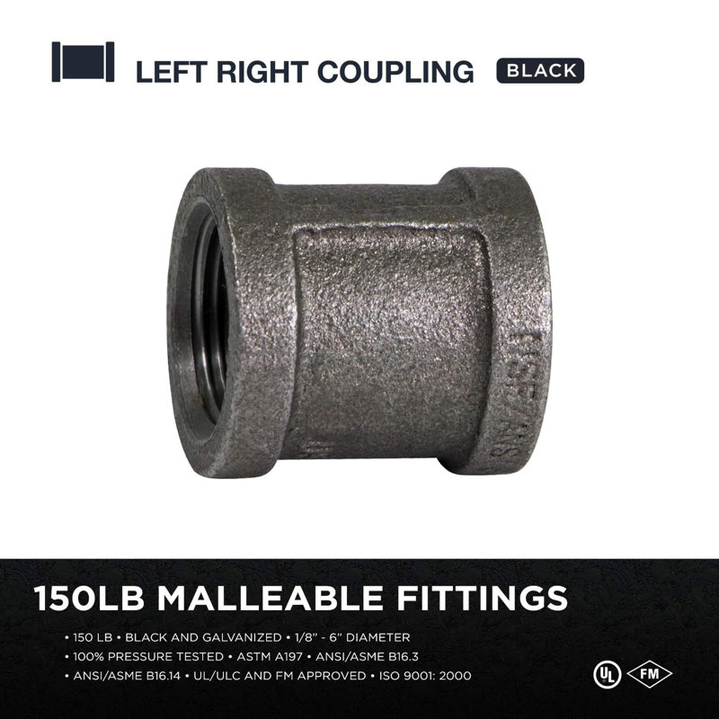 1/2" Black Malleable Iron Straight Left/Right Coupling Reverse Opposite Thread 1 Piece