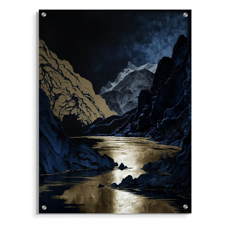 Acrylique doré givré rivière et montagne III, H 40 po x l 30 po