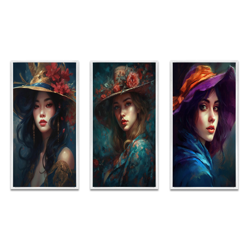 «Woman In Vintage Hat», 3 pièces sur toile, H 28 po x l 36 po, Cadre flottant blanc
