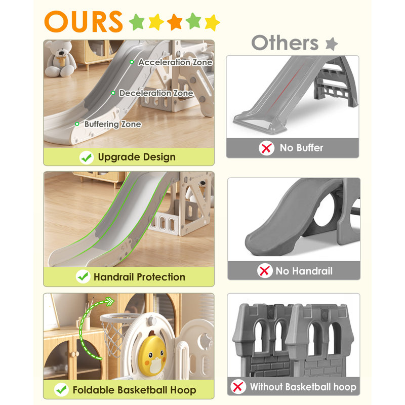 Gray and White 5-in-1 Toddler Slide with Basketball Hoop
