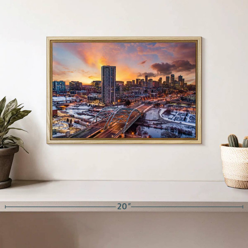 Coucher de soleil d'hiver à Denver, Cadre flottant en bois naturel, 13 po x 9 po