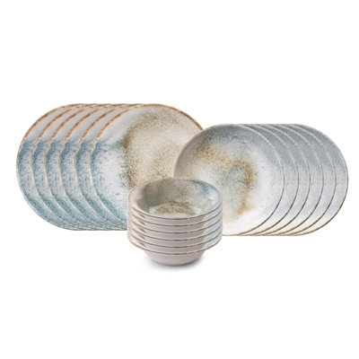 Elegant 18-Piece Dinner Set, 100% Porcelain, Beige & Turquoise | Includes 6 Service Plates (9.8 x 9.8 x 1.2 in), 6 Plates (8.3 x 8.3 x 1.6 in), 6 Bowls (6.3 x 6.3 x 2.0 in, 11.8 fl oz) | Perfect for Entertaining & Everyday Use