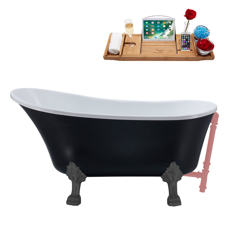 55" Streamline Clawfoot Soaking Acrylic Bathtub With Drain, Clawfeet, and Bamboo Tray, Brushed Gun Metal, Matte Pink