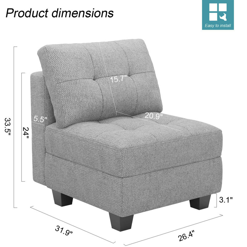 Fauteuil de rangement modulaire simple en lin et velours Soneson, Lin gris pâle