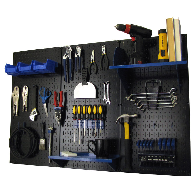 Ensemble de panneau perforé de rangement pour outils standard H 32 po x 48 po, Noir et bleu