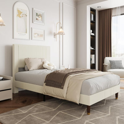 Twin Bed – Fabric Headboard, Metal Slats, Storage, Beige, Compact Design