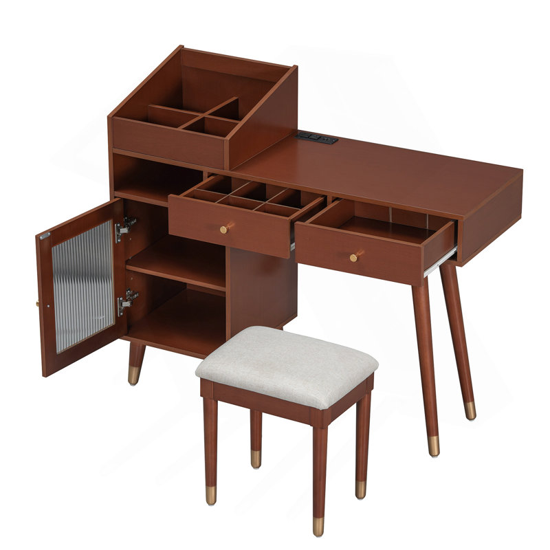 Meuble-lavabo moderne avec tiroirs, armoire et port de charge, ensemble de coiffeuse avec tabouret pour petits espaces, noyer