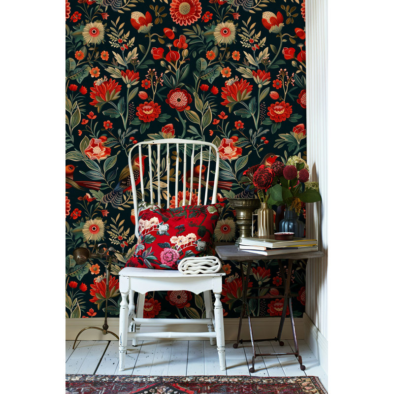 Vibrant Red and Black Floral Wallpaper Peel and Stick Roll