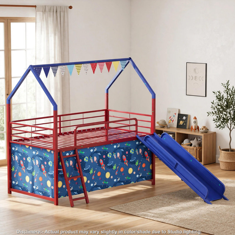 Lit mezzanine double Zeso pour enfants, motif maison, bleu marine et rouge, avec glissade et rideau