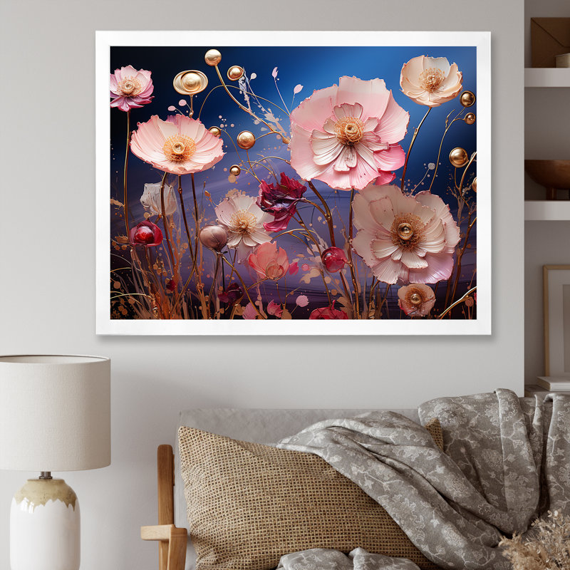 Rose et bleu «Poppy Meadows» - art mural coquelicots, H 16 po x l 32 po x P 1 po, Cadre de coin blanc fermé