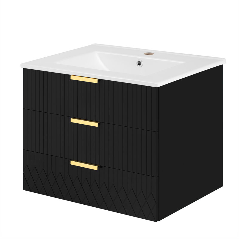 Ensemble de meuble-lavabo simple 24 po avec lavabo en céramique et 2 tiroirs à fermeture en douceur, Noir