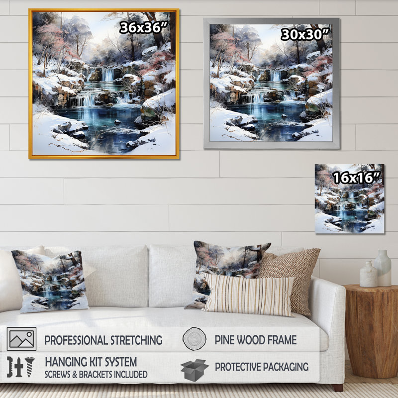 «Waterfall Charm In Winter», reproduction sur toile, H 16 po x l 16 po x P 1 po, Cadre simple blanc