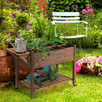 Wooden Garden Bed With Drainage Holes & 8 Grow Grids, Raised Plant Box, 49"X21"X34", For Veggies, Herbs, Flowers, Brown Outdoor Box Grids Wheels, Folding Side Table,