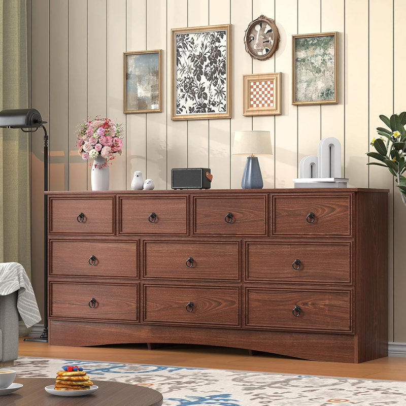 63'' Dresser, Dresser for Bedroom with 10 Wood Drawers, Wide Dressers & Chests of Drawers with Smooth Metal Rail, Large Storage Dressers Organizer for Bedroom Living Room
