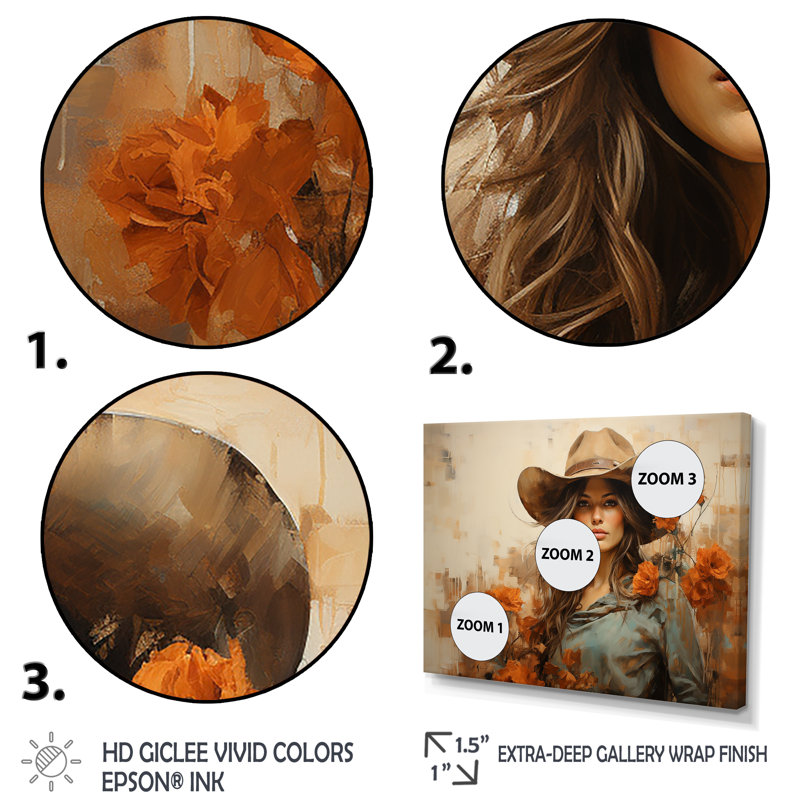 Western West Floral Wild Cow Gril de Westerna - art mural occidental, Cadre flottant doré, H 24 po x l 32 po x P 1 po