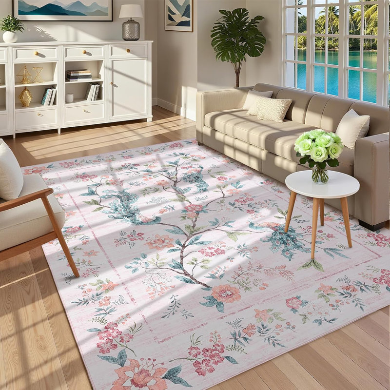 Washable Runner Rug – Floral Peacock Design, Non-Slip, Stain-Resistant Mat for Bedroom, Kitchen, Bathroom, Rectangle 9' x 12'