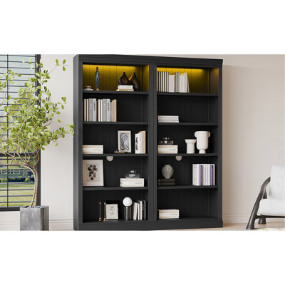 Modern 5 Bookcase With Led , Solid Wood, , Adjustable Shelves, Black For Eraser Storage Home Office Suite, Wood Frame, Board, Pen