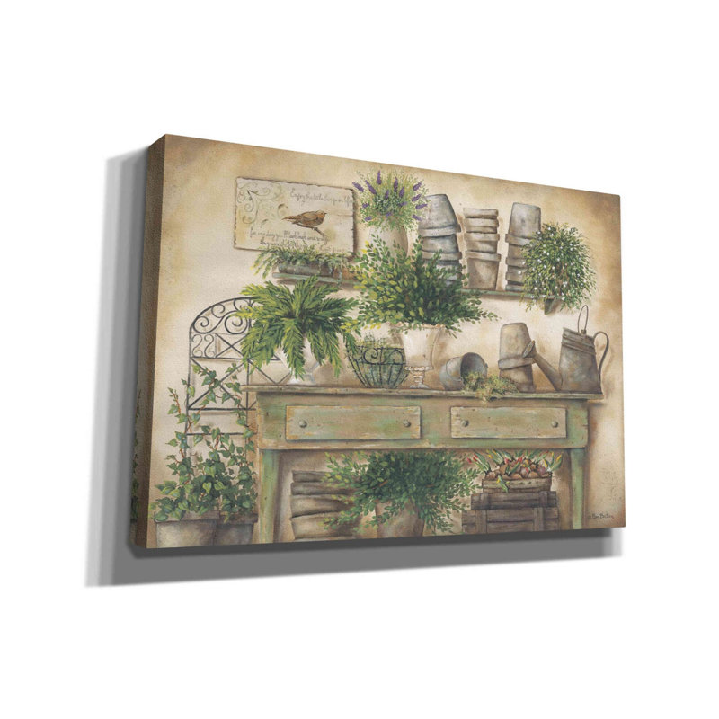 «Potting Bench I» par Pam Britton, art mural sur toile, H 18 po x l 26 po x P 0,75 po