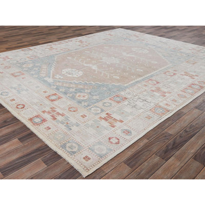Tapis oriental noué à la main 8 pi 10 po x 10 pi 10 po rose noué à la main, motif village Anatolian, nœud turc, velours zéro, rasé, 100% laine