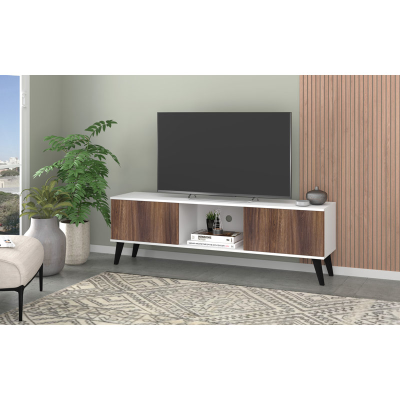 Doyers 62.2" Mid-Century Modern 5-Shelf TV Stand for TVs up to 60" in White and Walnut Brown, White and Nut brown