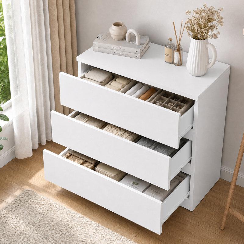Commode moderne à 3 tiroirs pour chambre, meuble de rangement avec tiroirs profonds pour salon, chambre, couloir et entrée, blanche