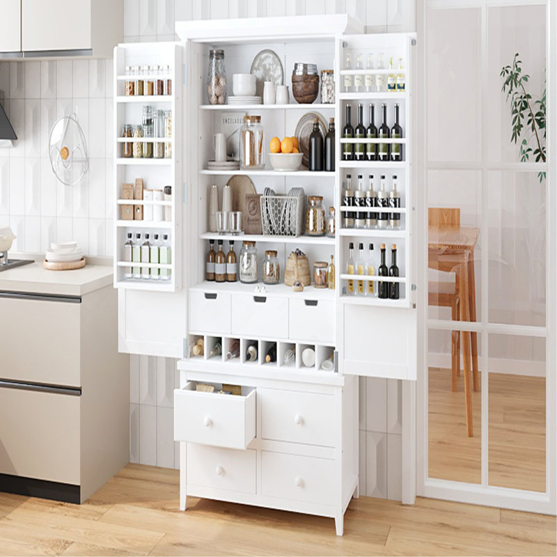 Grande armoire de rangement autoportante en bois avec 8 portes, 3 tablettes réglables, 7 tiroirs et 8 supports à vin, Blanc