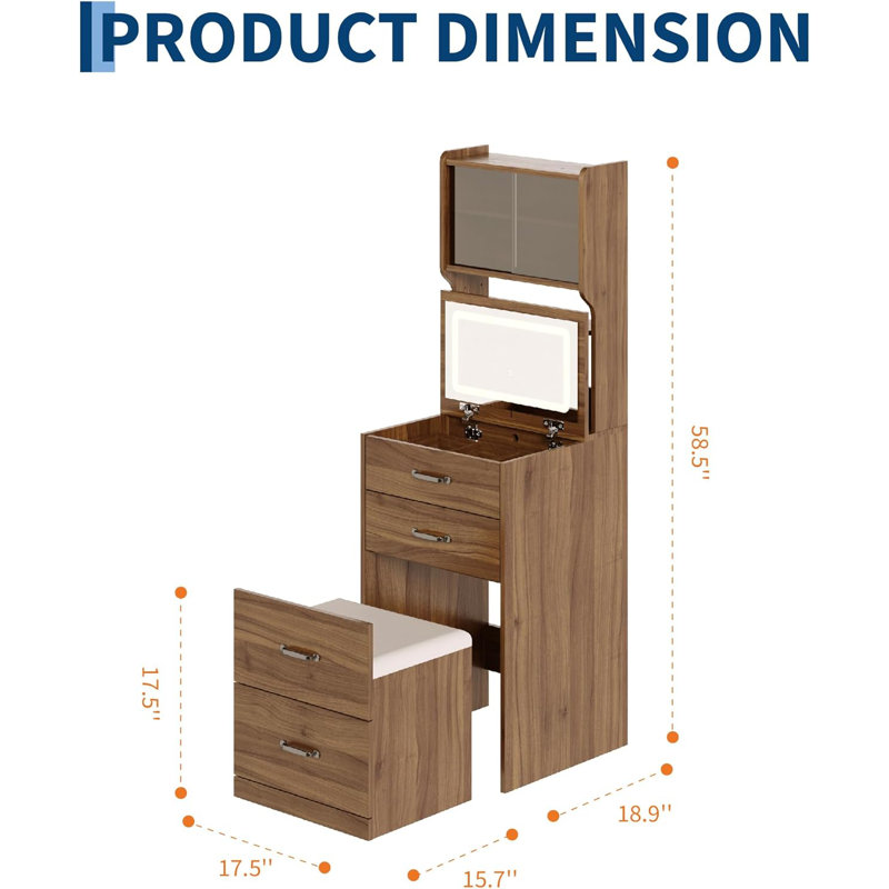 3 in 1 Vanity Desk with 3 Color LED, Compact Makeup Vanity Set with 2 AC Outlets & USB, Dressing Table with Drawers & Acrylic Doors, Nightstand Vanity Mirror, Jewelry Box, Hidden Chair