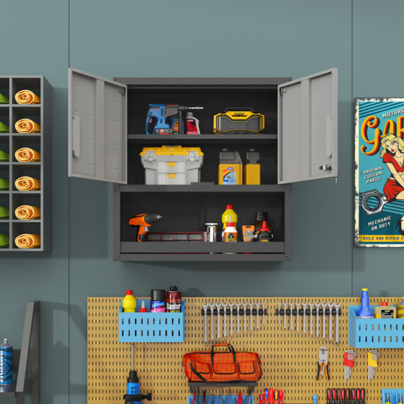 Metal Wall-Mounted Tool Storage Cabinet With Locking Door And 1 Shelf 1 Opened Drawer
