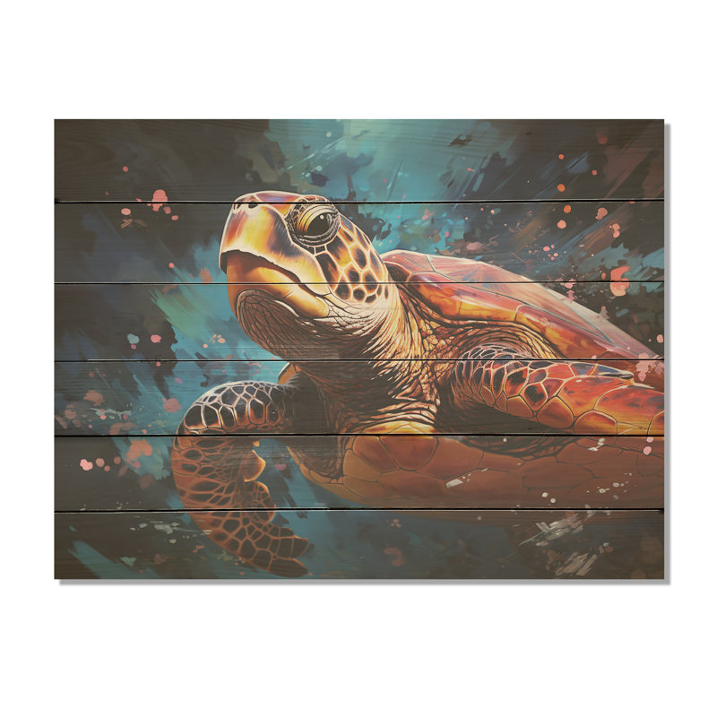 Serene Turtle Underwaters I - art mural panneau de bois de tortue sur bois de pin naturel, H 30 po x l 40 po