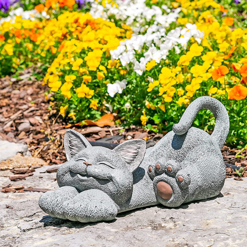 Statue de jardin chat fantaisiste et souriant, Gris