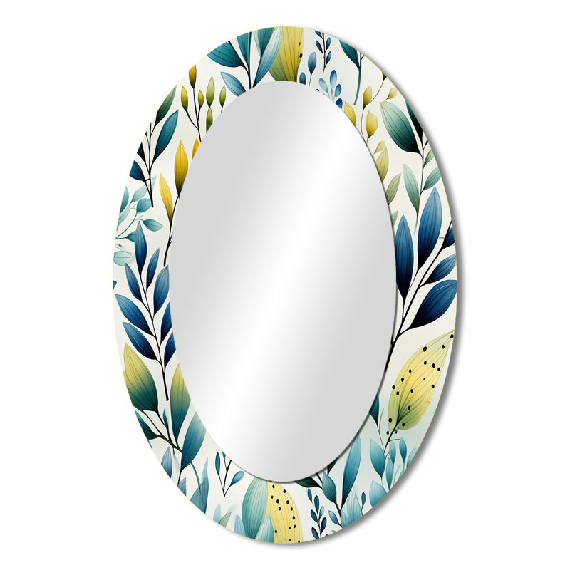 Miroir mural ovale grand format sur support métallique, motif botanique de feuillage bleu à  l'aquarelle, H 36 po x l 24 po