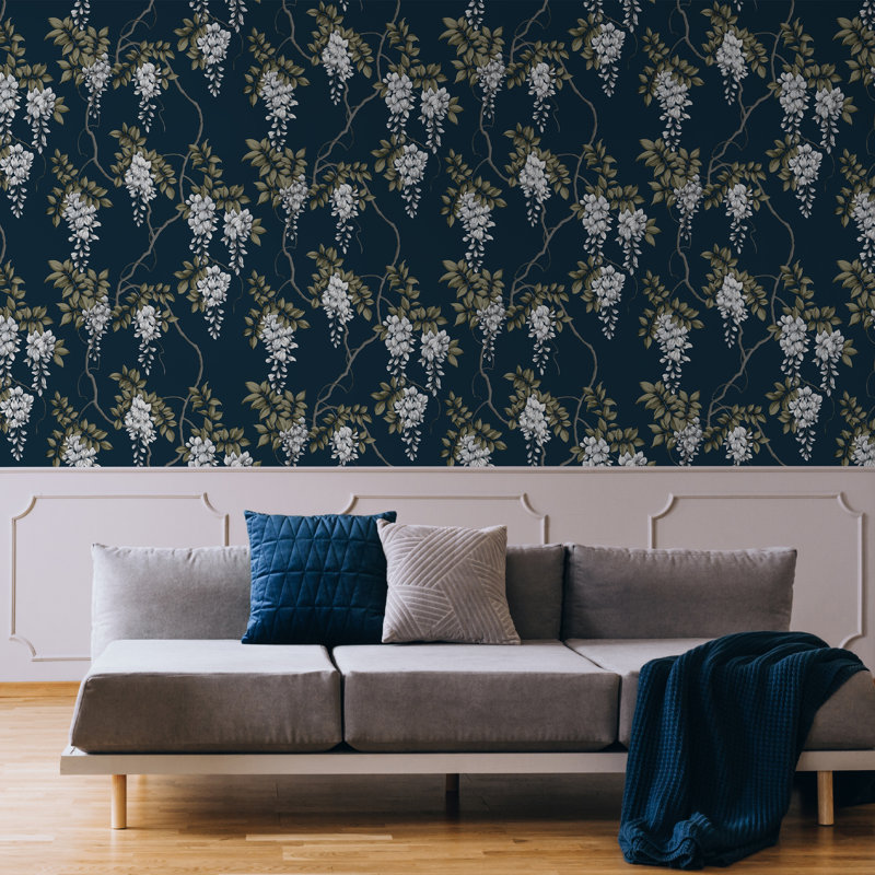 Zen Floral Metallic Wallpaper Double Roll, Navy