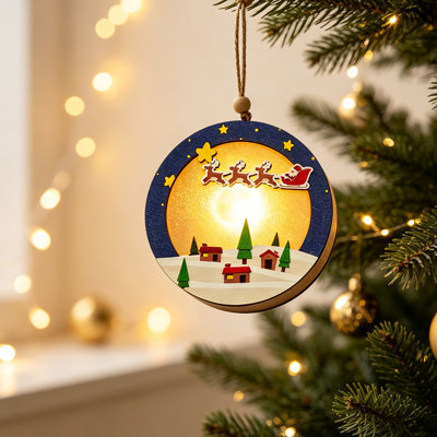 Ornements de Noël rétro en bois rétro-éclairé à lumières chaudes DEL brillantes rondes en bois pour décoration de couronne de sapin de Noël