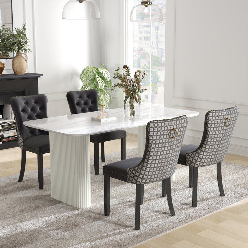 Ensemble de salle à manger rectangulaire à double piédestal avec table de salle à manger de style crème, 5, Noir / Beige