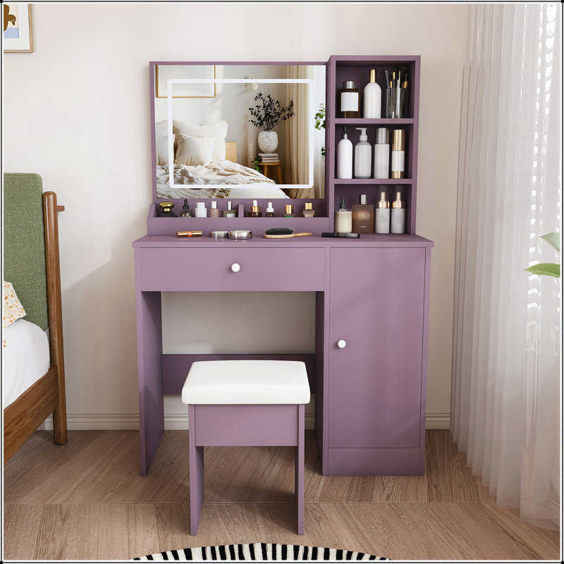 Ensemble de coiffeuse élégant avec tabouret rembourré et miroir lumineux à DEL réglable (3 modes de couleur)