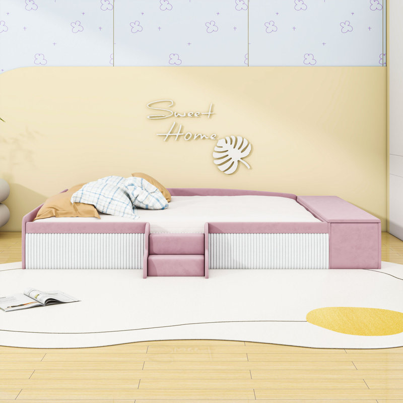 Velvet Upholstered Bed with Storage Ottoman, Staircase and Padded Guardrails, Queen, Pink White